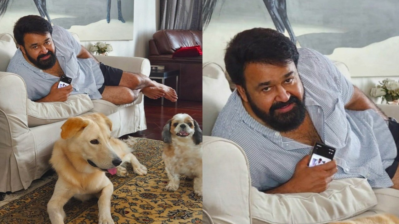 Mohanlal luce cómodo con ropa informal mientras disfruta de tiempo de calidad con sus mascotas;  fans ducha amor