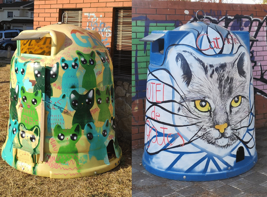 Propuesta para convertir contenedores de reciclaje de vidrio en casas para gatos