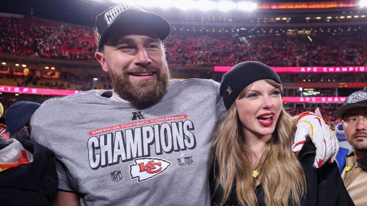 MIRA la reacción épica de Taylor Swift cuando Travis Kelce cantó Get Down Tonight después de la victoria de los Chiefs en el Campeonato de la AFC