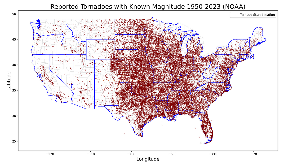 Analizar datos de tornados con Python y Geopandas | por Lee Vaughan | Enero de 2025