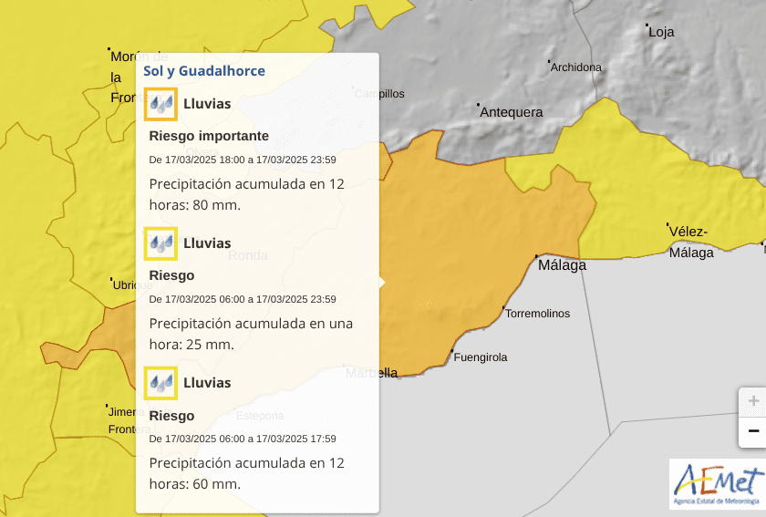 Se emite alerta de clima naranja para la Costa del Sol y Ronda cuando Storm Laurence llega a España