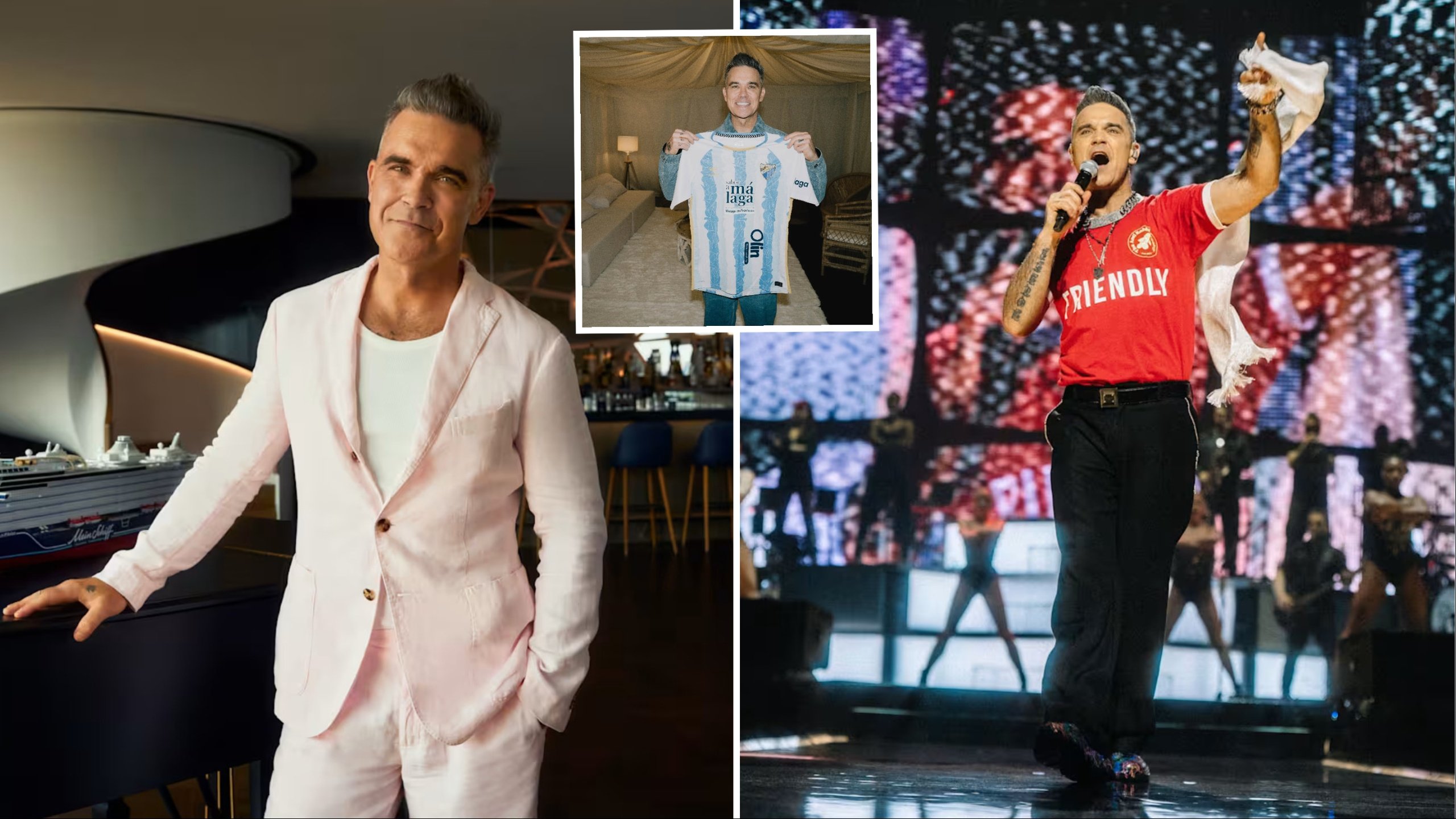 Robbie Williams haciendo olas en la Costa del Sol: ícono del pop Christens New Cruise antes de ponerse camiseta de fútbol de Málaga