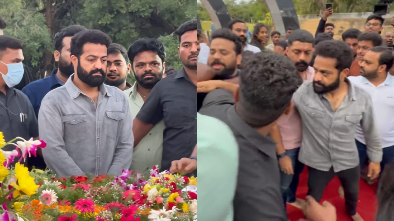 RELOJ: JR NTR es acosado por una gran multitud mientras ofrece oraciones, rinde homenaje al abuelo Nt Rama Rao en el aniversario de nacimiento