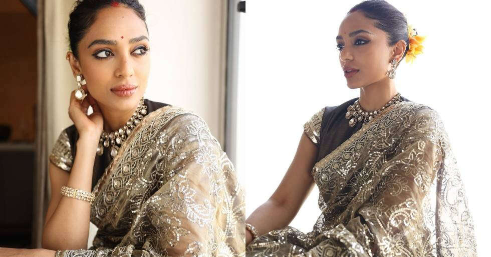 Sobhita dhulipala deslumbra en una cortina de tejido verde oliva