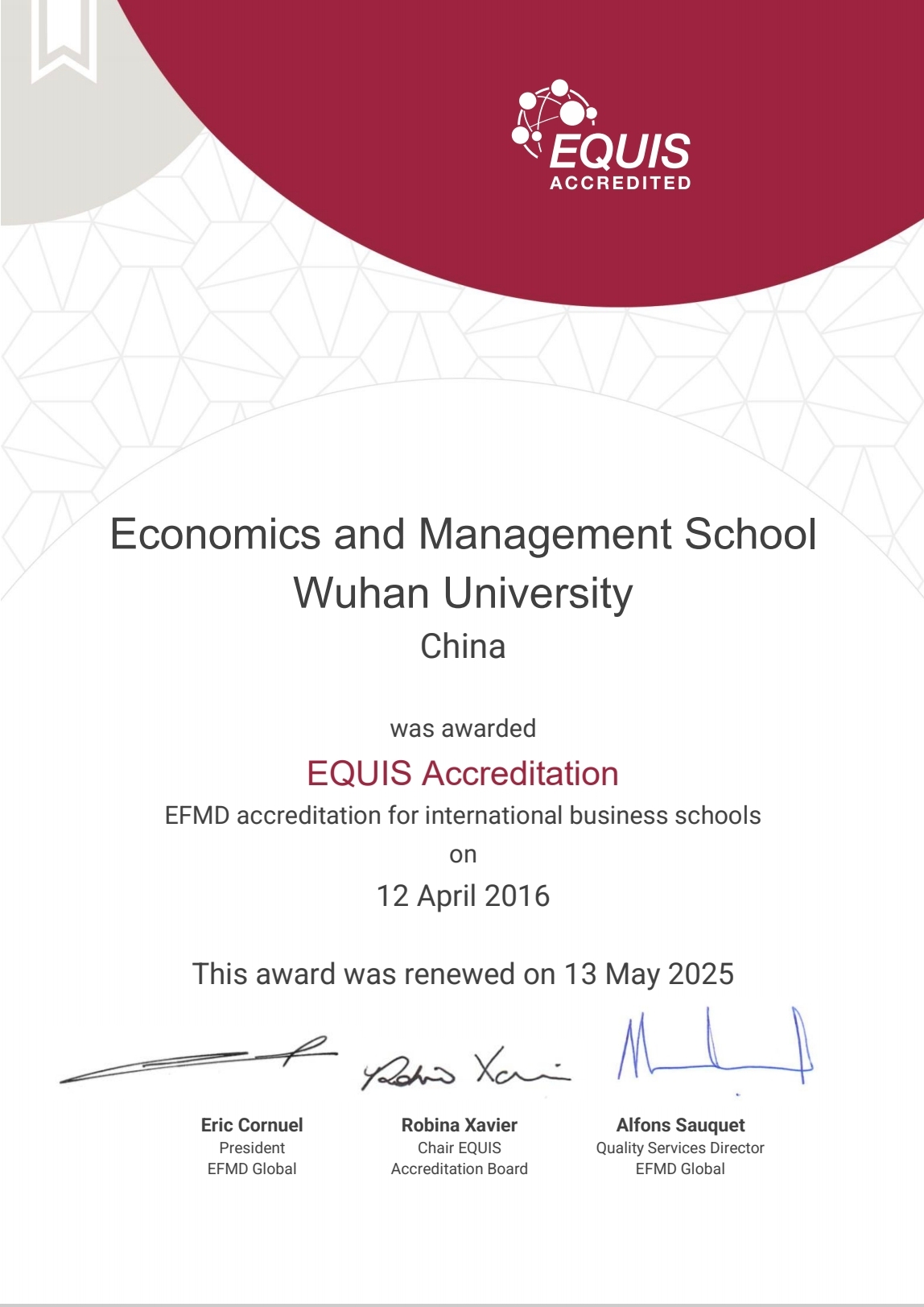 La Escuela de Economía y Gestión de la Universidad de Wuhan ha sido reordenada por EQUIS para el período más alto de cinco años.