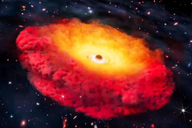 El primer agujero negro del universo teñirá su galaxia local un tono rojo brillante