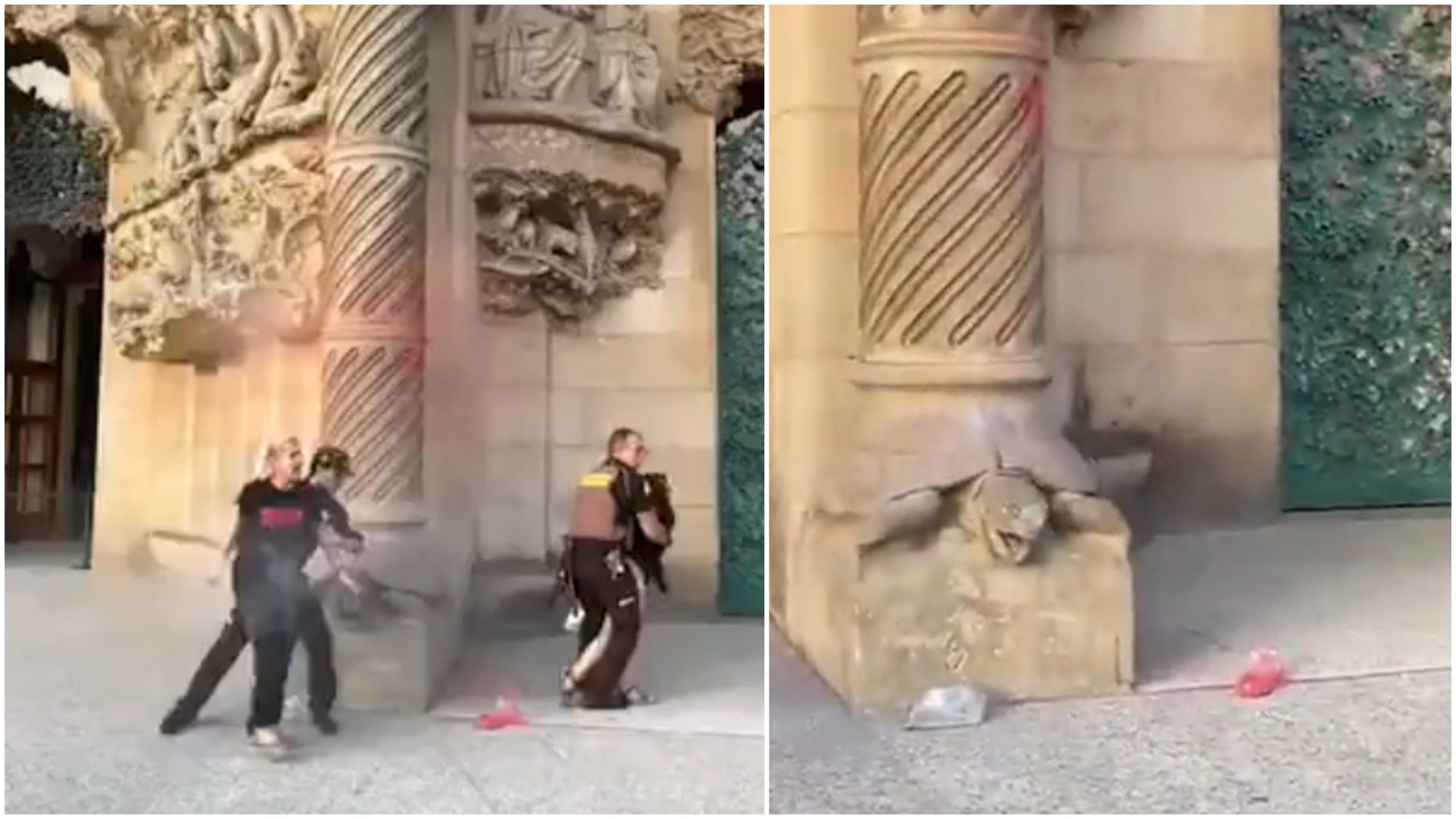 Activistas climáticos españoles vinculados al notorio grupo ecológico del Reino Unido Just Stop Stoin de la icónica Sagrada Familia de Barcelona con polvo rojo